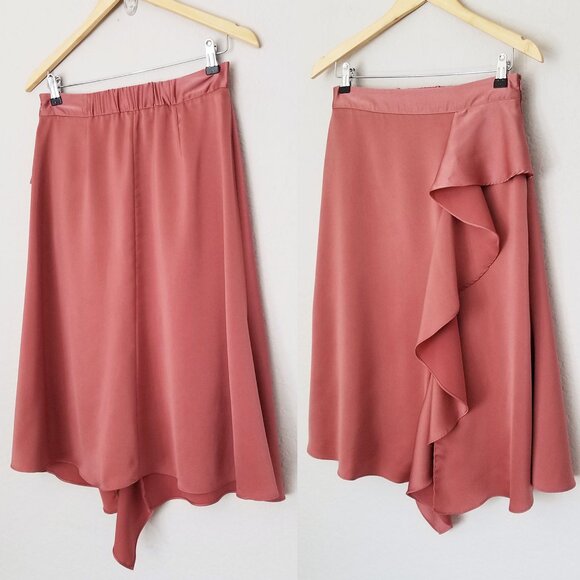 Zara Sateen Silk Satin Asymmetric Ruffle Midi Skirt Mauve Pink Size M Romantic - Picture 4 of 15